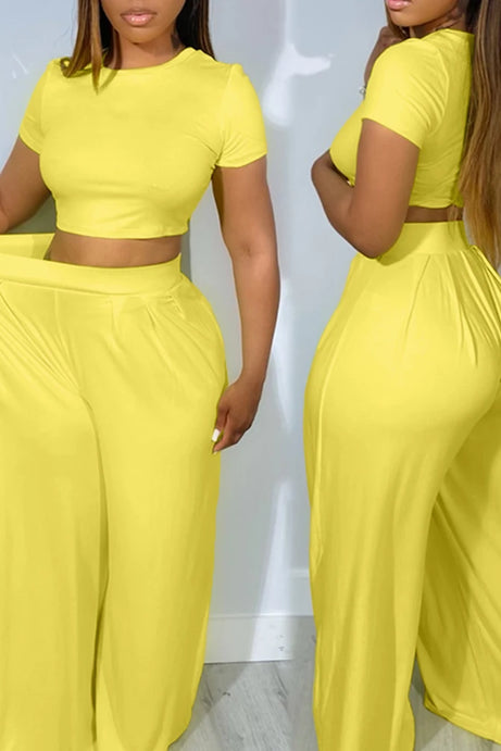 New Solid Color Tight Short Sleeved Top Wide Leg Pants Set