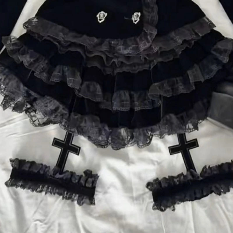Visual Kei Black Velvet Ruffle Lace Cross Jacket & Mini Skirt Set Only skirt Shoptery