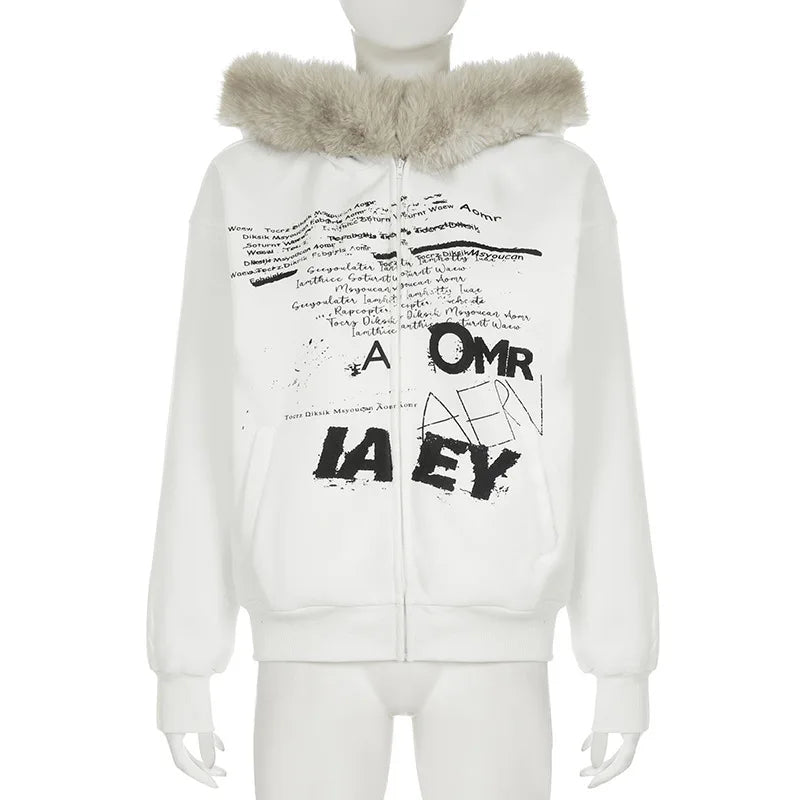 Scribble Core Faux Fur Hoodie Beige Shoptery