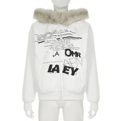 Scribble Core Faux Fur Hoodie Beige Shoptery