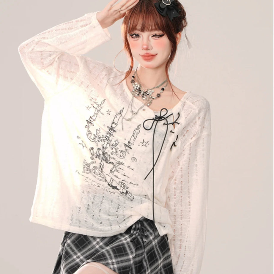 Chandelier Dreams Layered Edge Long Sleeve Top WHITE Shoptery