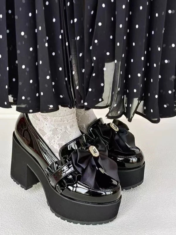 Jirai Kei Black Patent Platform Loafers with Satin Bow & Rhinestone Shoptery