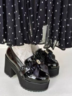 Jirai Kei Black Patent Platform Loafers with Satin Bow & Rhinestone Shoptery
