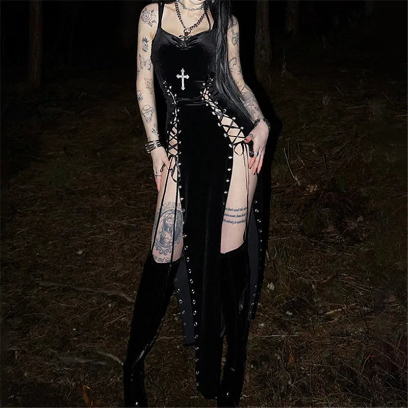 Visual Kei Black Velvet Cross Lace-Up Maxi Slip Dress Shoptery