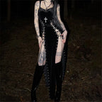 Visual Kei Black Velvet Cross Lace-Up Maxi Slip Dress Shoptery