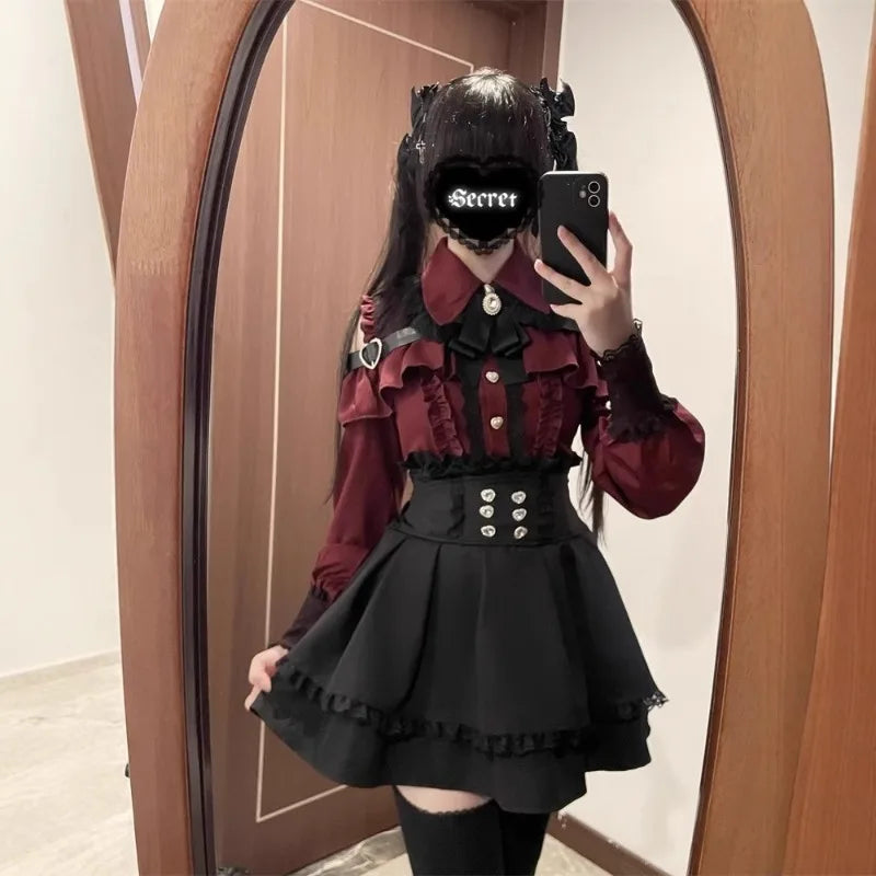 Jirai Kei Red Ruffle Blouse & Black Pleated Skirt Gothic Set Secondary image