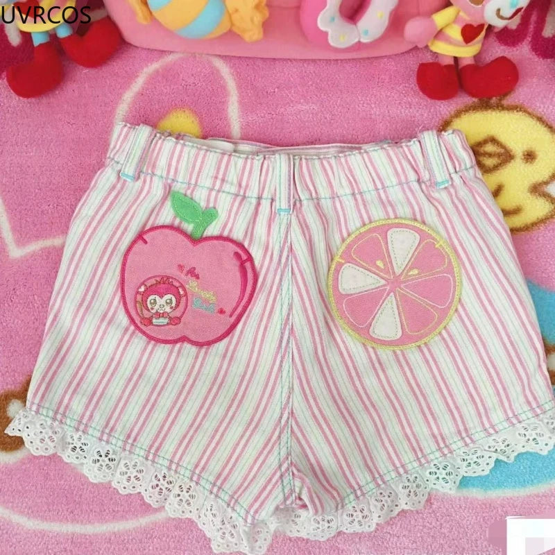 Decora Pastel Stripe Lace-Trim Shorts with Bunny Bear Fruit Embroidery Shoptery
