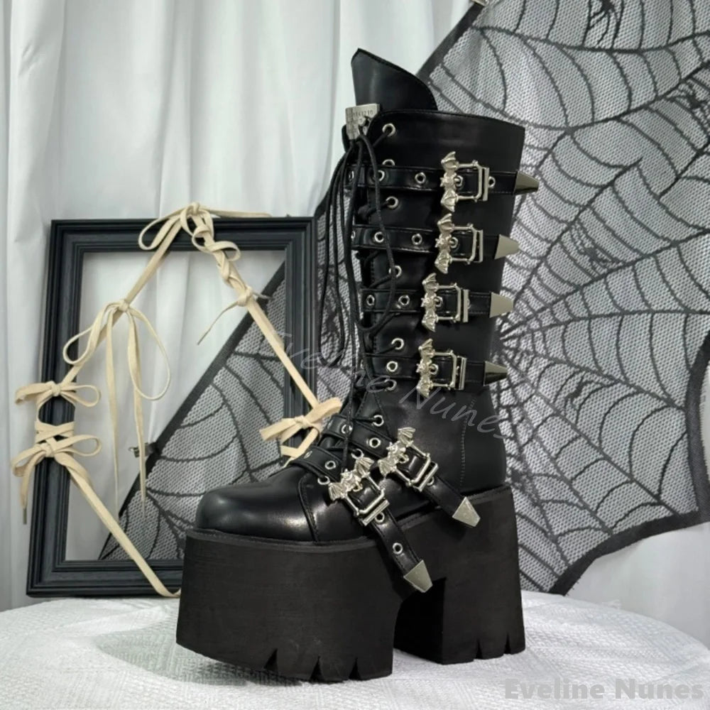 Visual Kei Black Platform Lace-Up Boots with Bat Buckle Straps Shoptery