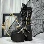 Visual Kei Black Platform Lace-Up Boots with Bat Buckle Straps Shoptery