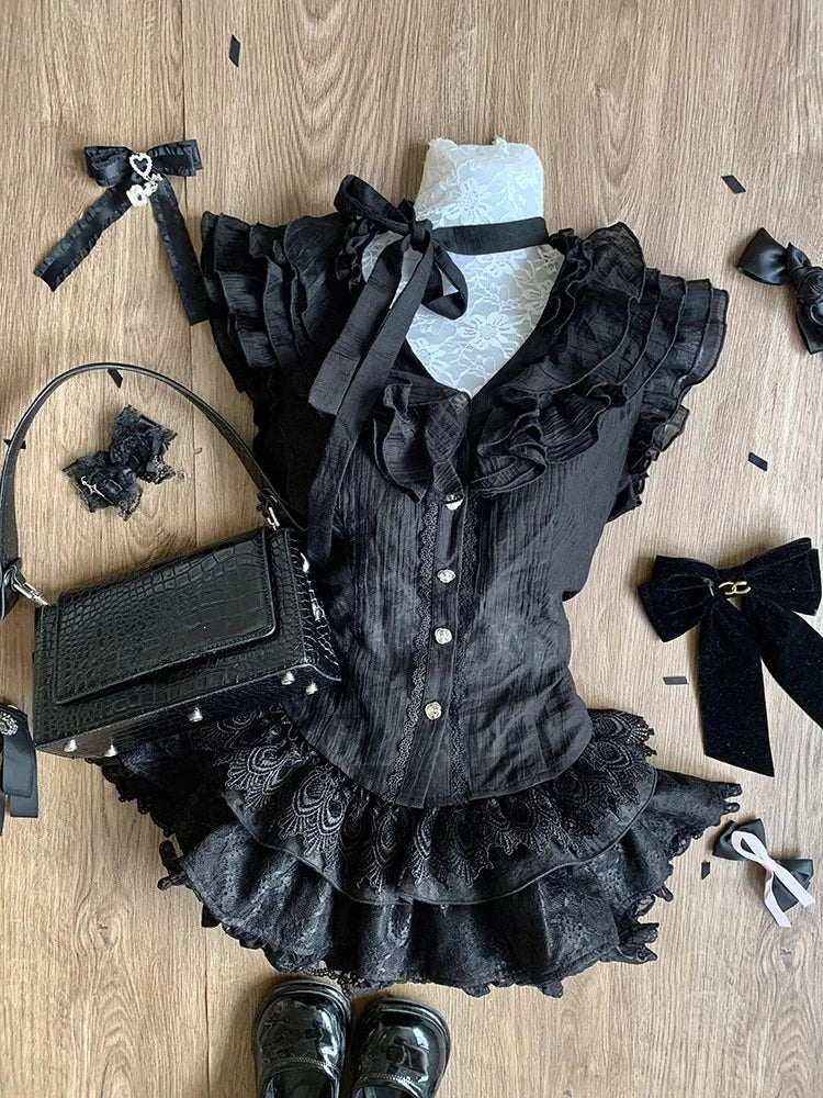 Jirai Kei Black Lace Bolero & Ivory Ruffle Blouse Plaid Skirt Set 7040 Sets Shoptery
