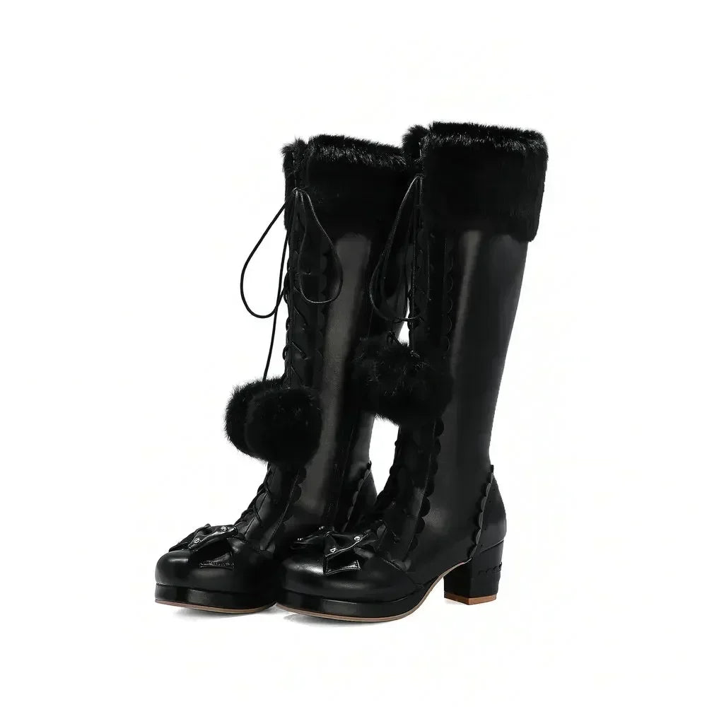 Jirai Kei Pink Faux Fur Pom-Pom Lace-Up Knee-High Platform Boots black Shoptery