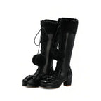 Jirai Kei Pink Faux Fur Pom-Pom Lace-Up Knee-High Platform Boots black Shoptery
