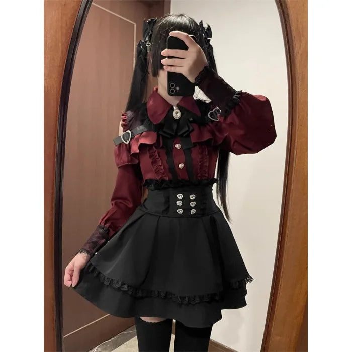 Jirai Kei Red Ruffle Blouse & Black Pleated Skirt Gothic Set Shoptery