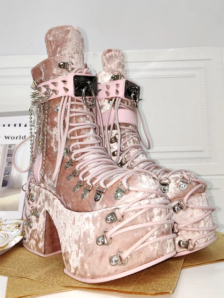 Jirai Kei Pink Velvet Platform Lace-Up Studded Mid-Calf Boots Shoptery