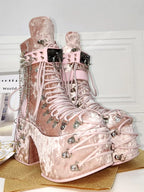 Jirai Kei Pink Velvet Platform Lace-Up Studded Mid-Calf Boots Shoptery