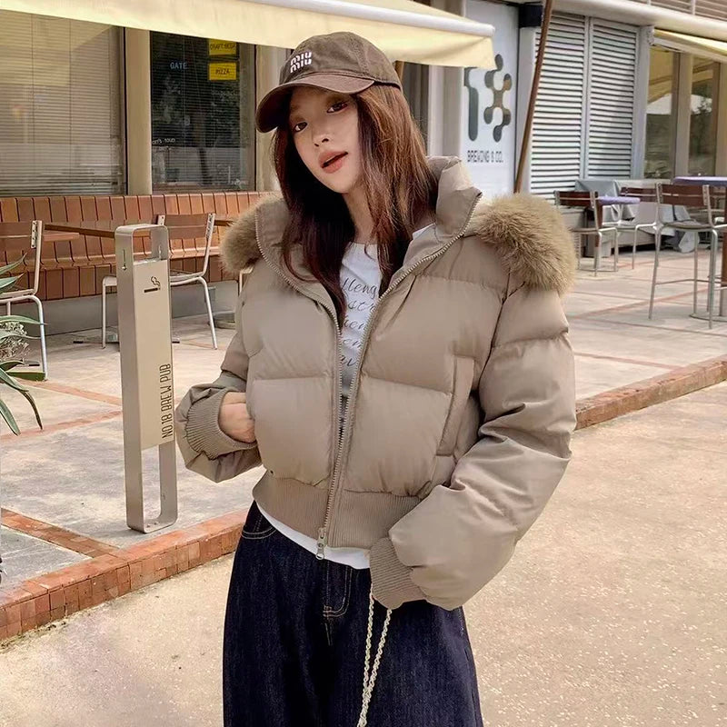 American Fur Collar Parkas Coats Women Y2K Winter Thick Warm Loose Crop Down Jacket Retro Streetwear Zipper Bread Outerwear New camel Shoptery