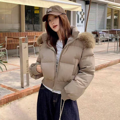 American Fur Collar Parkas Coats Women Y2K Winter Thick Warm Loose Crop Down Jacket Retro Streetwear Zipper Bread Outerwear New camel Shoptery