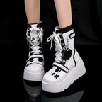 Jirai Kei Pink Heart Chain Platform Lace-Up Ankle Boots White Shoptery