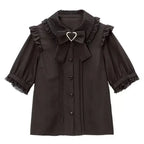 Jirai Kei Black Lace Ruffle Bow Button-Up Blouse 3305 Black Shoptery