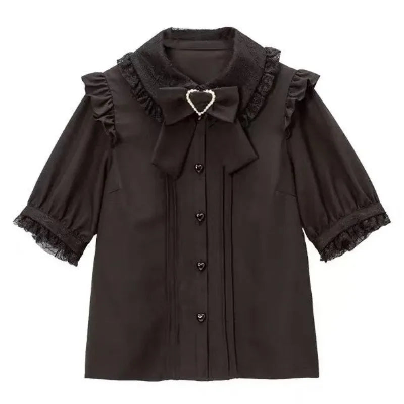 Jirai Kei Black Lace Ruffle Bow Button-Up Blouse 3305 Black Shoptery