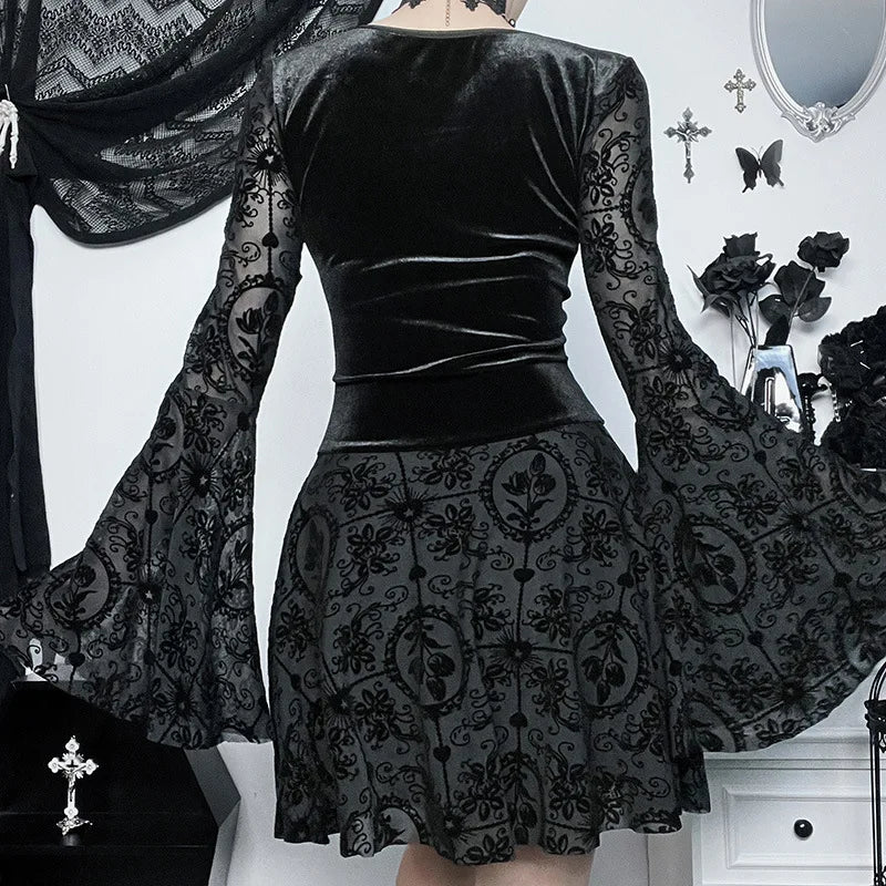 Visual Kei Black Velvet Lace-Up Flocked Bell Sleeve Mini Dress Secondary image