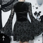 Visual Kei Black Velvet Lace-Up Flocked Bell Sleeve Mini Dress Shoptery