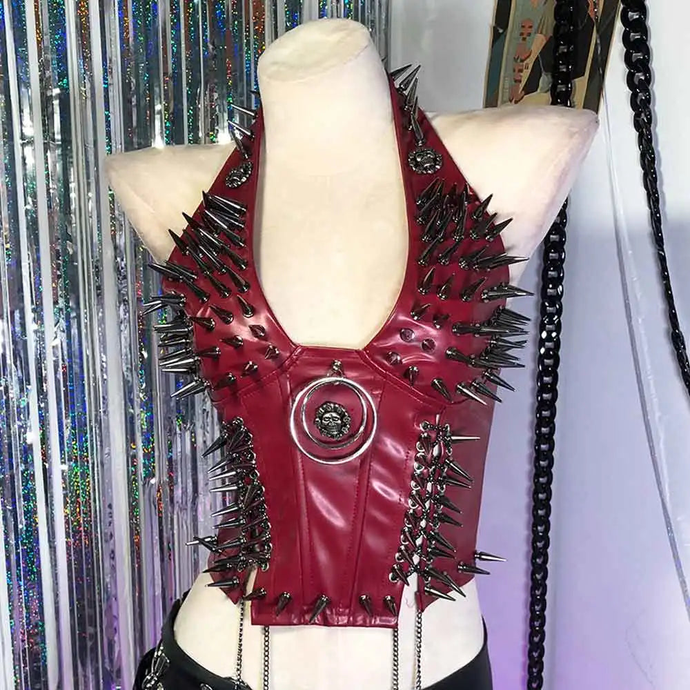Visual Kei Skull Spike Studded PU Leather Corset Vest with Chains Red 3 Shoptery