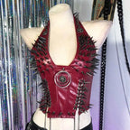Visual Kei Skull Spike Studded PU Leather Corset Vest with Chains Red 3 Shoptery