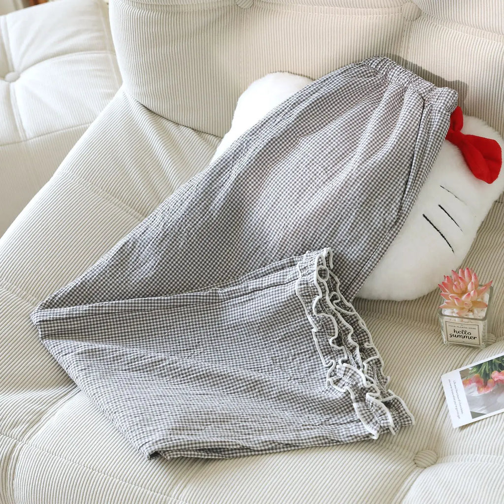 Fairy Kei Pastel Gingham Ruffle-Hem Lounge Pants Gray Shoptery