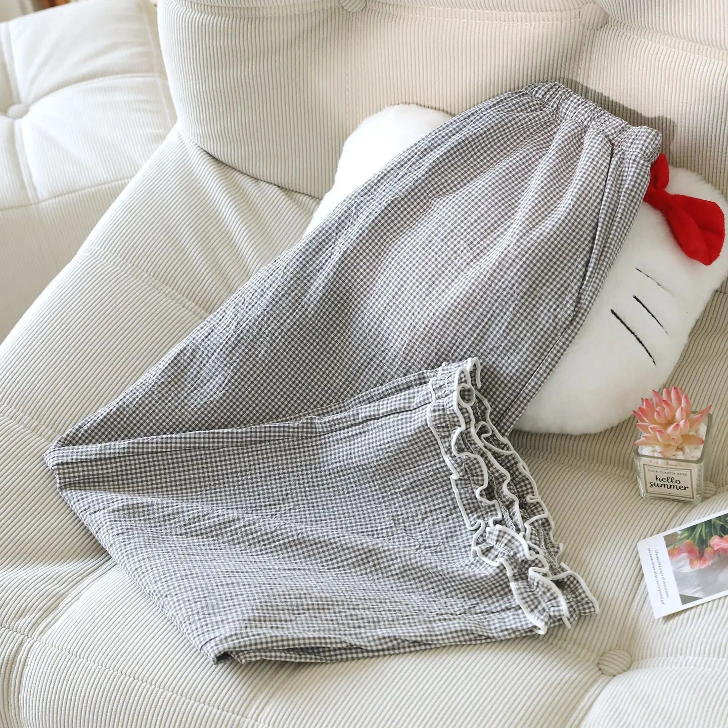 Fairy Kei Pastel Gingham Ruffle-Hem Lounge Pants Gray Shoptery