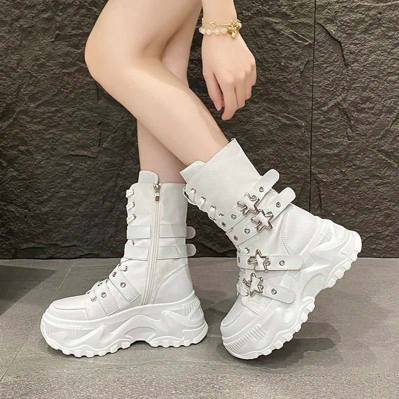 Jirai Kei Red Gingham Platform High-Top Lace-Up Boots with Star Buckle Beige Shoptery