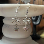 Fairy Kei Silver Bow & Star Charm Drop Earrings Shoptery