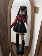 Jirai Kei Red Ruffle Blouse & Black Pleated Skirt Gothic Set Shoptery