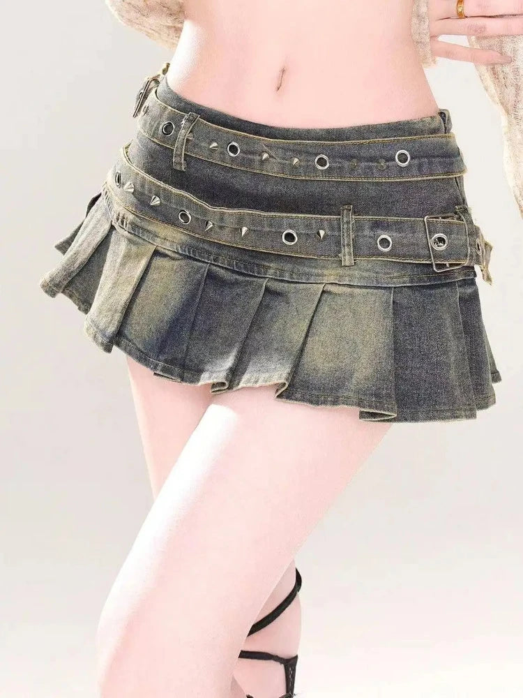 Visual Kei Black Denim Tiered Ruffle Mini Skirt with Studded Belt Secondary image
