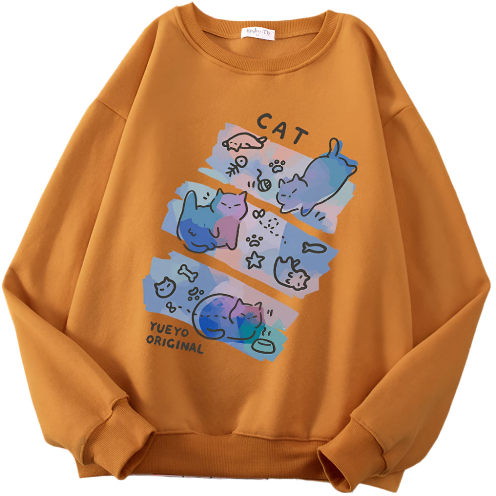 Pastel Meow Mix Kawaii Sweatshirt Khaki Shoptery