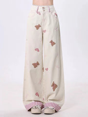 Kawaii Teddy Embroidered Wide Pants APRICOT Shoptery