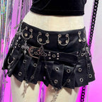 Visual Kei PU Leather Pleated Mini Skirt with Chains & Cross Charms Black Shoptery