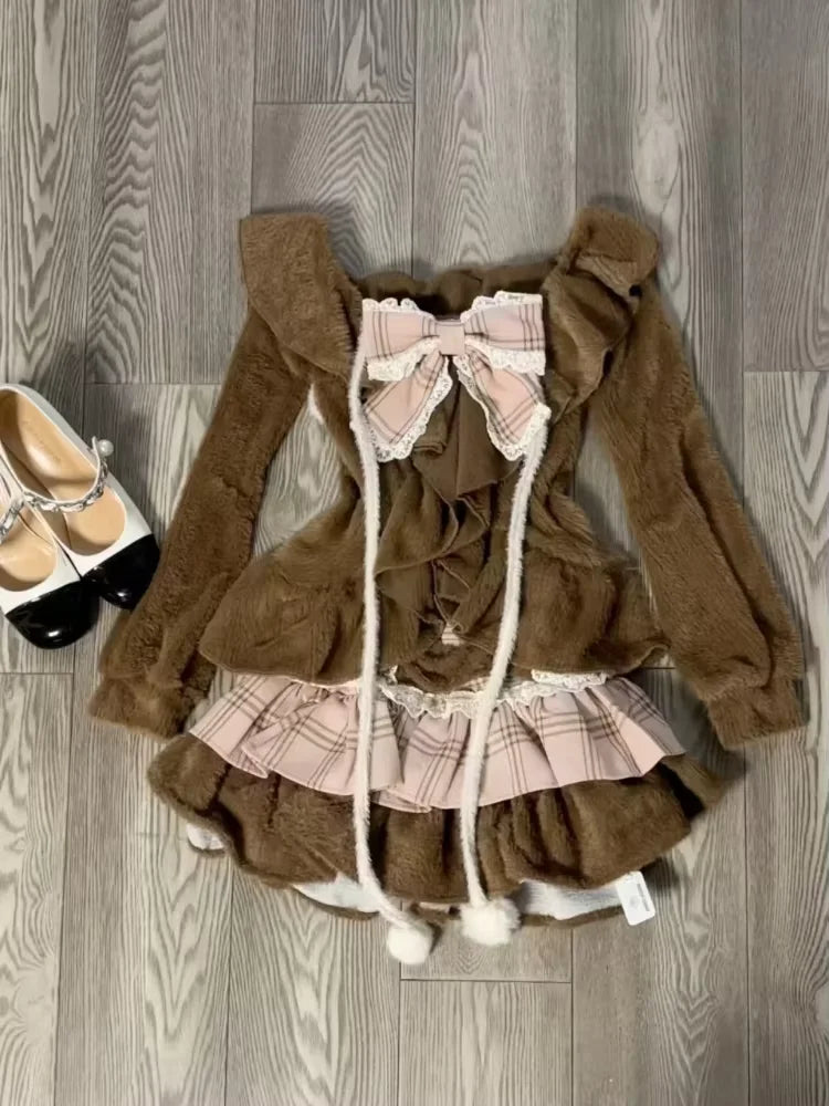 Jirai Kei Black Lace Bolero & Ivory Ruffle Blouse Plaid Skirt Set 812 Sets Shoptery