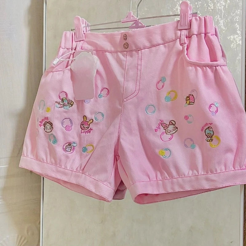 Fairy Kei Pink Embroidered Kawaii Character Mini Shorts Pink Shoptery
