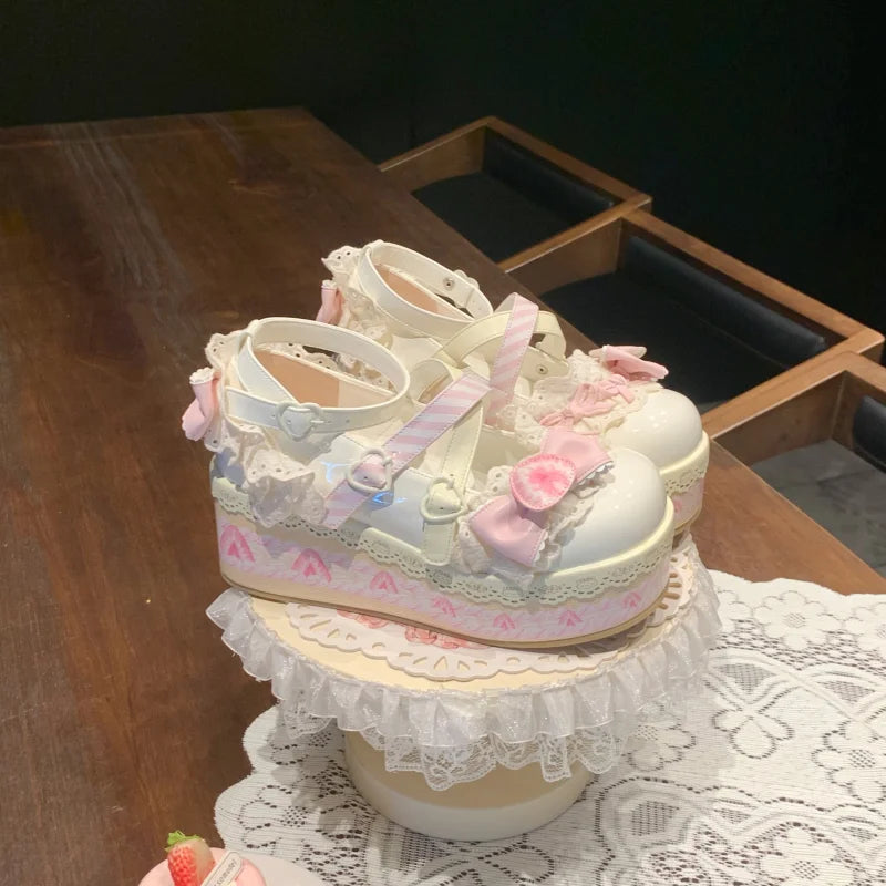 Fairy Kei Sweet Lace Bow Heart Platform Mary Jane Shoes Beige Shoptery