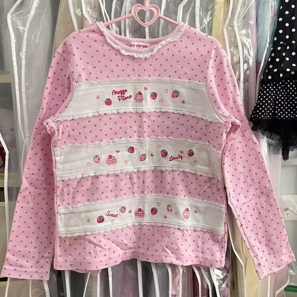 Fairy Kei Strawberry Sweet Lace Polka Dot Long Sleeve Top Shoptery