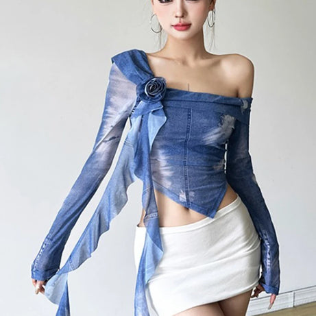 Cloud Wash One-Shoulder Coquette Blouse Shoptery