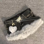 Gyaru Acid Wash Denim Micro Shorts with Faux Fur Trim & Heart Charm Shoptery