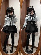 Jirai Kei Red Ruffle Blouse & Black Pleated Skirt Gothic Set Shoptery