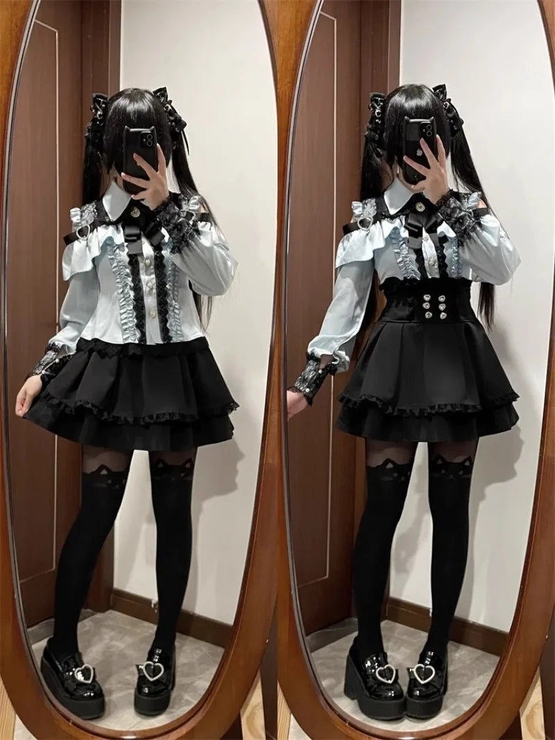 Jirai Kei Red Ruffle Blouse & Black Pleated Skirt Gothic Set Shoptery
