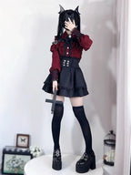 Jirai Kei Red Ruffle Blouse & Black Pleated Skirt Gothic Set Shoptery