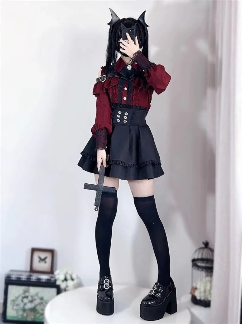 Jirai Kei Red Ruffle Blouse & Black Pleated Skirt Gothic Set Shoptery