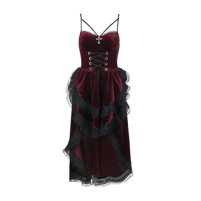 Visual Kei Velvet Lace-Up Corset Hi-Low Dress with Arm Warmers Shoptery
