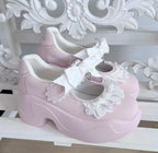 Fairy Kei Pastel Blue Plaid Skirt & Lace Bow Mary Jane Sneaker Set pink Shoptery
