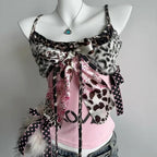 Gyaru Leopard Print Bow Ribbon Layered Cami Top Shoptery
